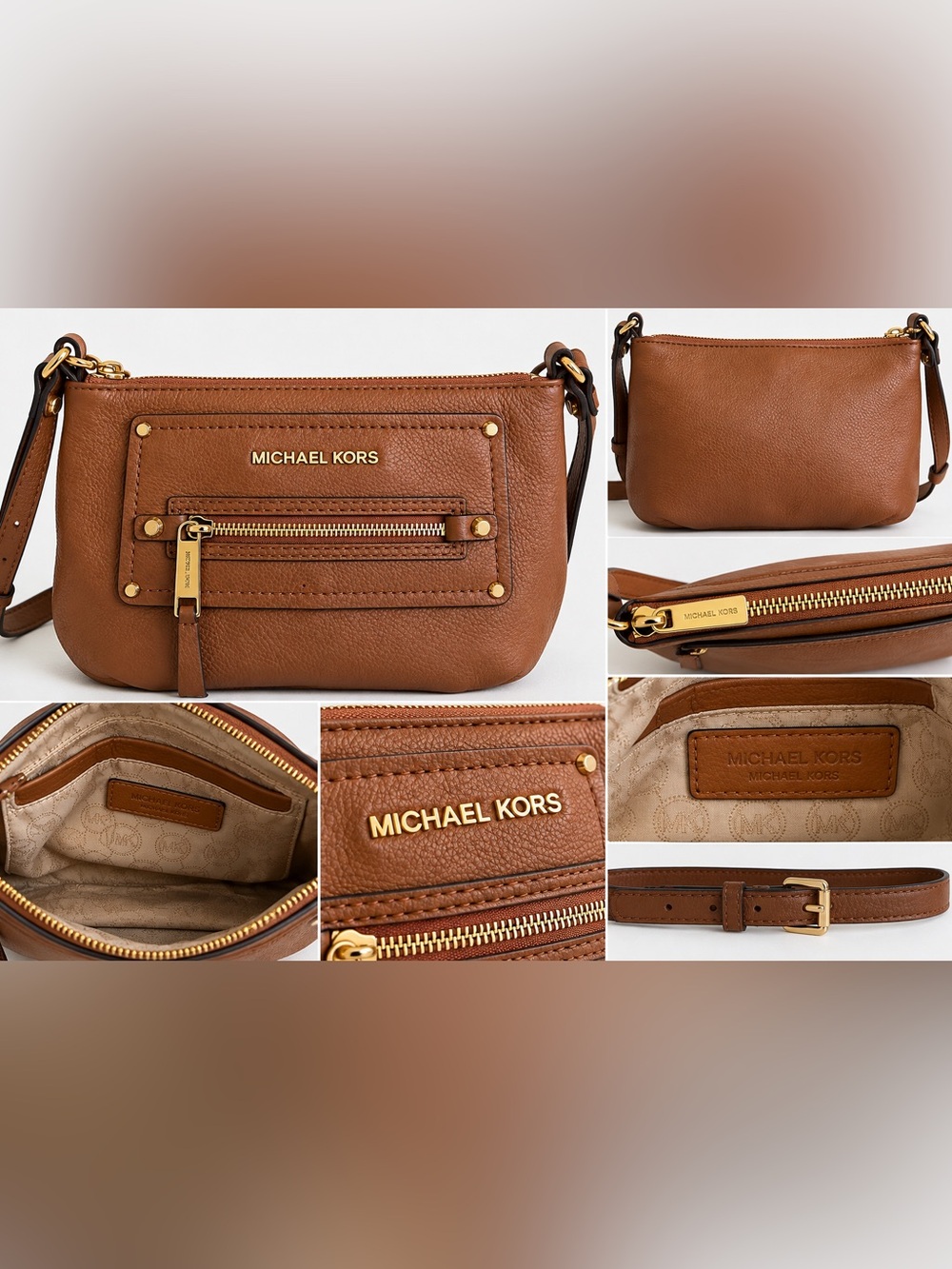 Michael Kors Brown Pebbled Leather Crossbody Bag Gold Hardware Front Zip